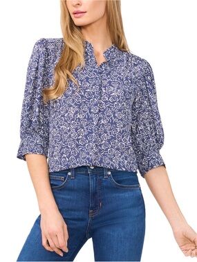 CeCe Floral Puff Sleeve Split Neck Blouse Navy White Top Size Small EUC